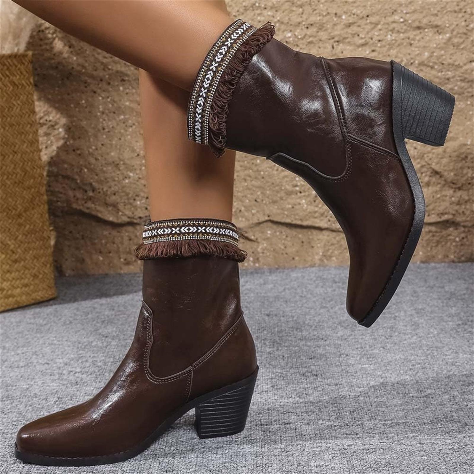 Women s Fashion Pointed Toe Chunky Heel Tassel Color Fashion Boots 40