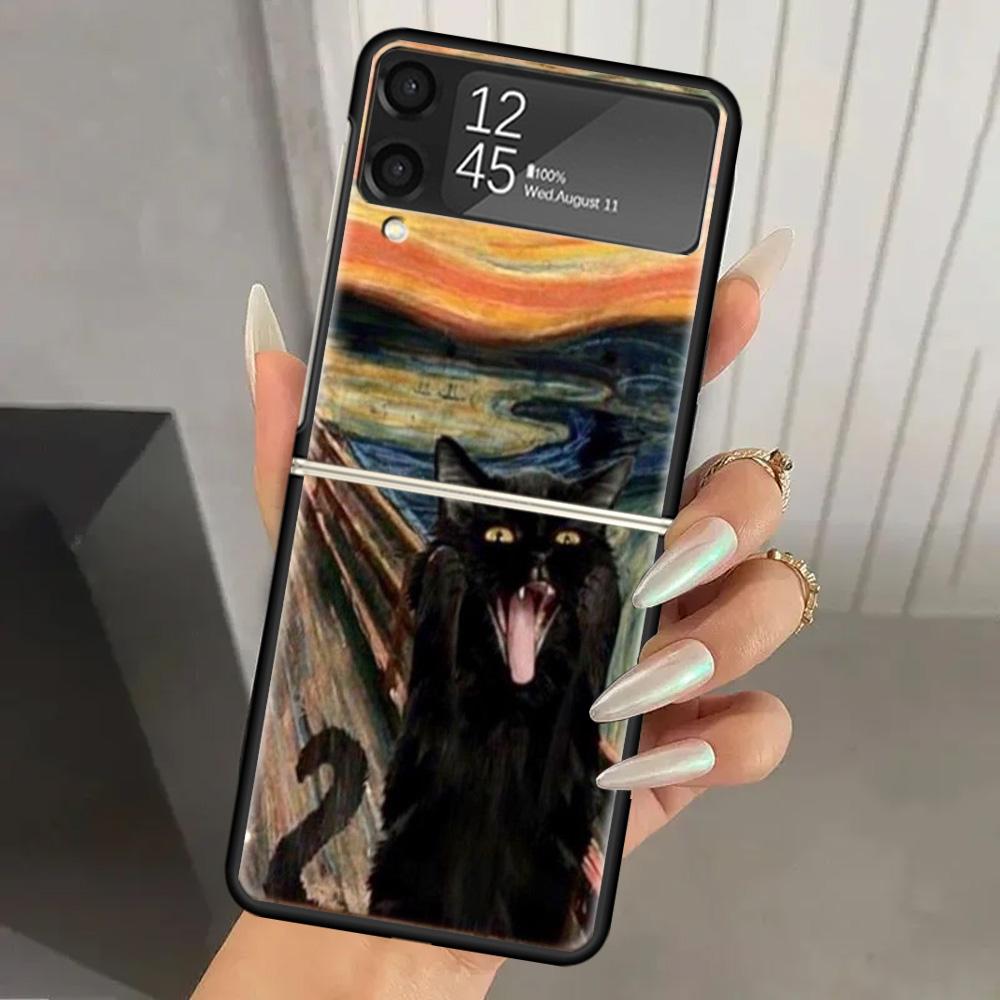 Black Cat Cartoon Cute Hard PC Phone Case For Samsung Galaxy Z Flip 7 6 5 4 3 Black ZFlip7 ZFlip6 Flip5 Flip4 Flip3 5G Print Cov