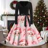 Women's Casual Vintage V-Neck Long Sleeve Dress with Christmas Print