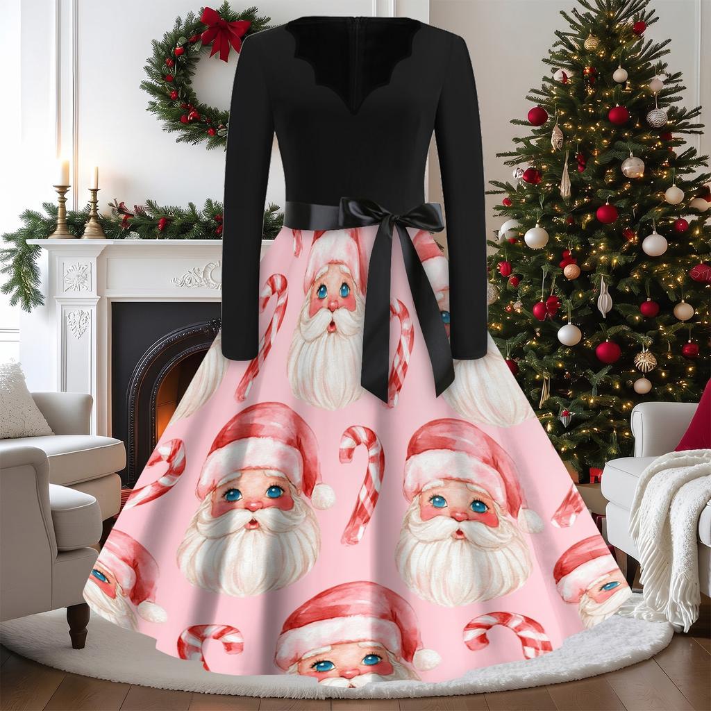 Women's Casual Vintage V-Neck Long Sleeve Dress with Christmas Print