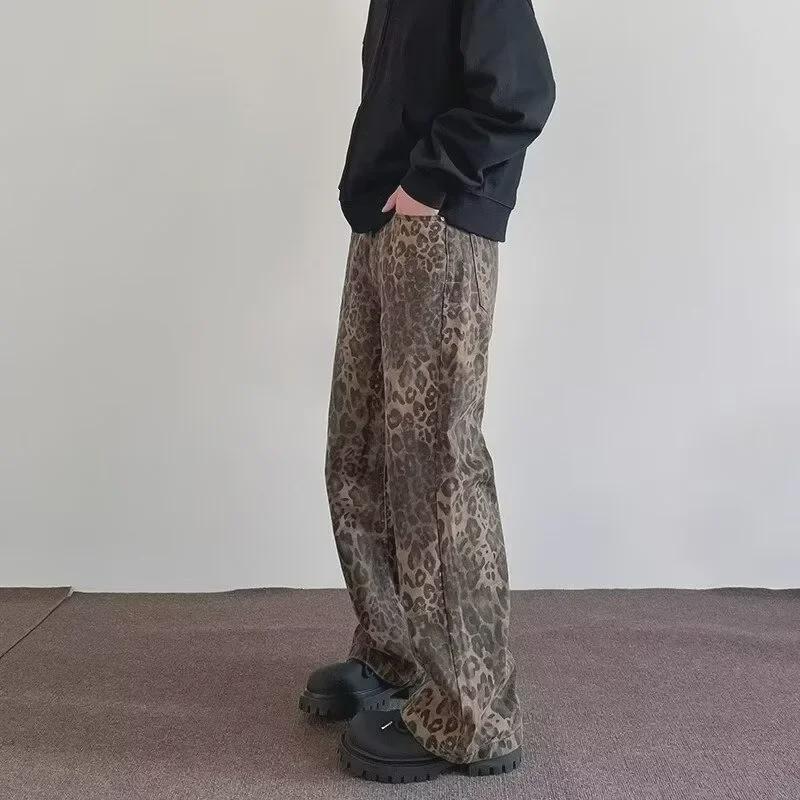 2024 Men's American Style Leopard Print Wide-Leg Casual Mopping Pants
