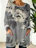 Women's Crew Neck Long Sleeve Top Grey Bottom Retro Large Floral Print with Pockets Loose Medium and Long Top