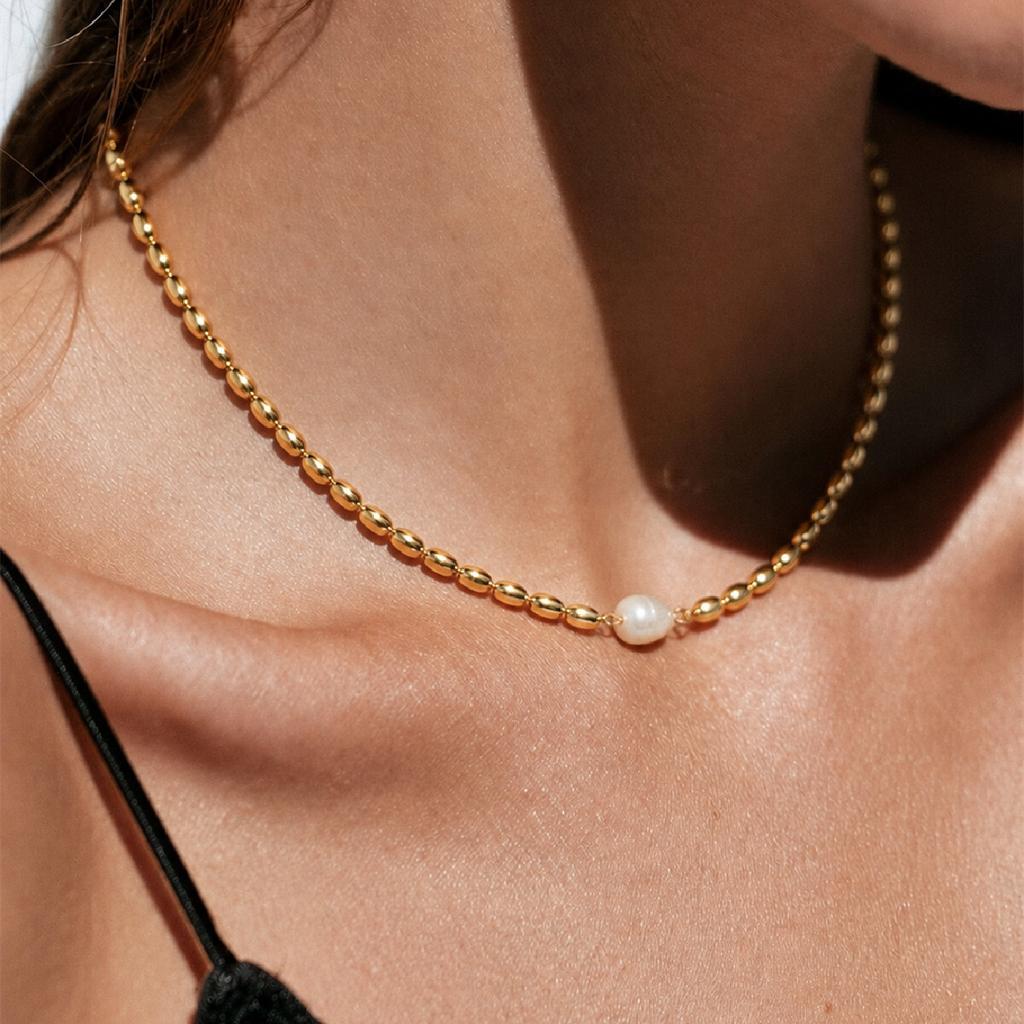 KunJoe Classic Stainless Steel 18K Gold Plated Beaded Necklace Women Simple Imitation Pearl Handmade Choker Wedding Jewelry Gift