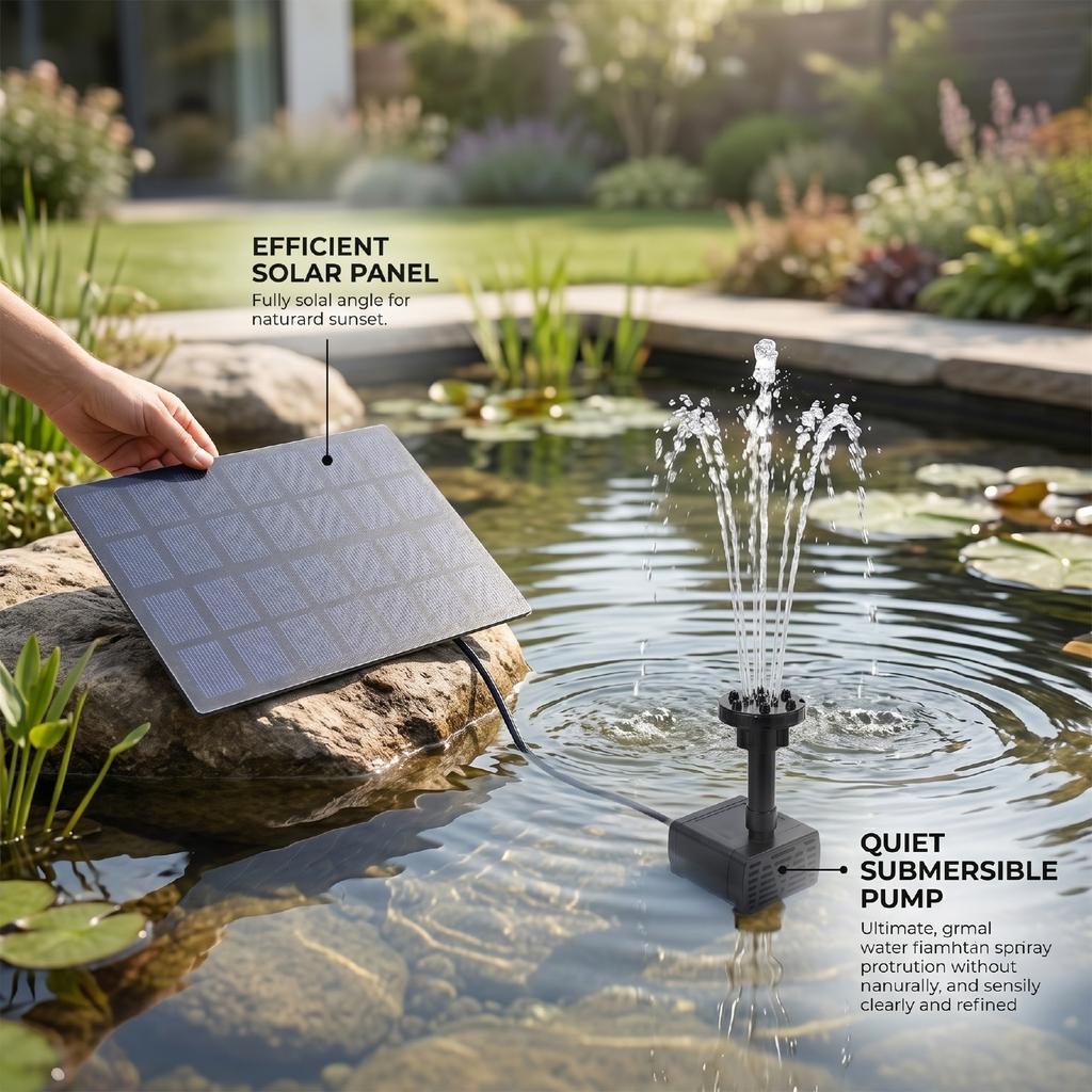 Solar Square Fountain Quiet Weather Proof 2W Solar Fountain Pump with Separate Solar Panel Extension Cord 5 Nozzles for