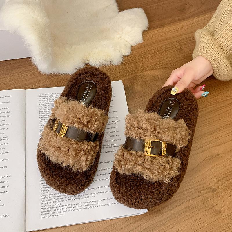 

Thick bottom heightening fluffy slippers women s outer wear 2025 new belt buckle flat bottom home cotton slippers outer wear fluffy mop 40 хаки