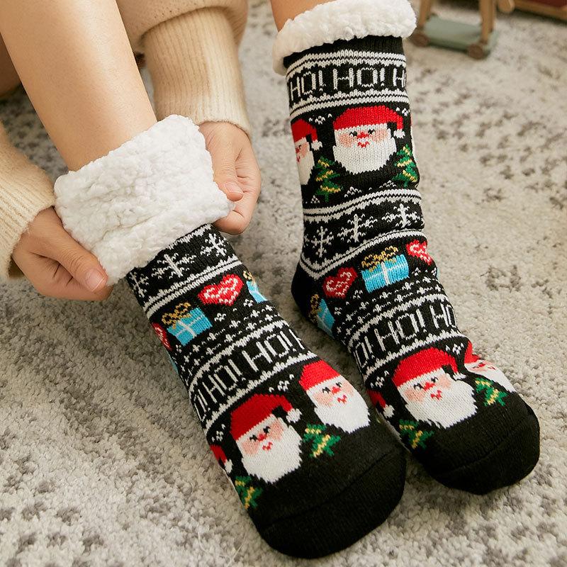 Women's Winter Velvet and Thick Christmas Glue Non Slip Home Sleeping Moon Floor Socks
