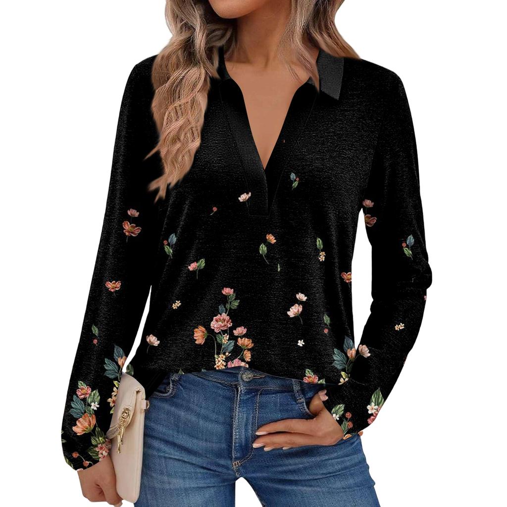 Women's Fashion Long-Sleeved Retro Floral Print Stand Collar  Shirt
