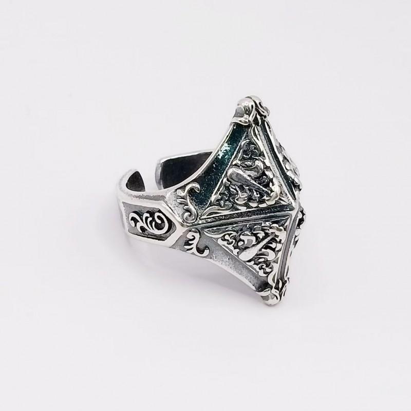 Adjustable Open Ring Men Women Vintage Geometric Pyramid Design Oxidized Brass With Gold Plating Retro Chic Jewelry