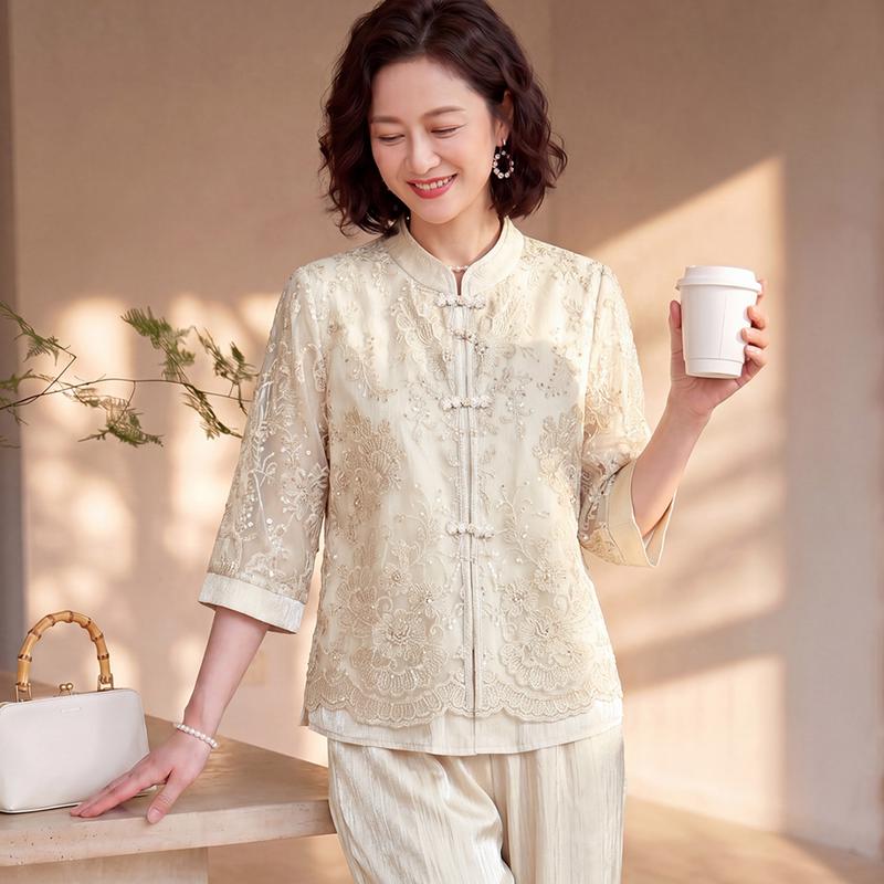 Datang Furen Women's Summer Embroidered Mesh Blouse & Trousers Set