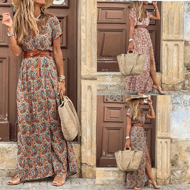 Women's Boho Print Short Sleeve High Waist Patchwork V-neck Beach Holiday Slimming Dress