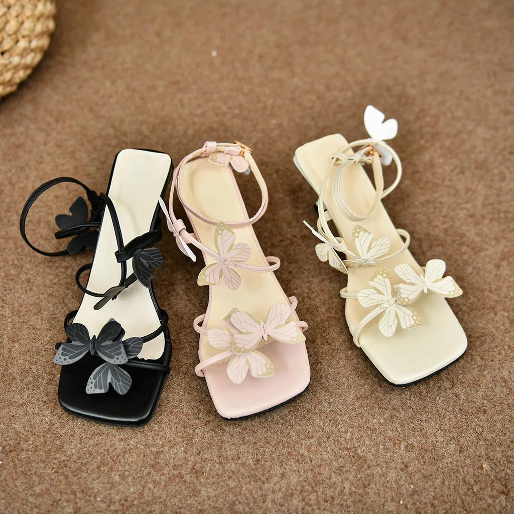 Summer Women's Butterfly High Heel Sandals Square Toe Buckle Casual  Shoes Elegant Stiletto Heel Ankle Strap Party