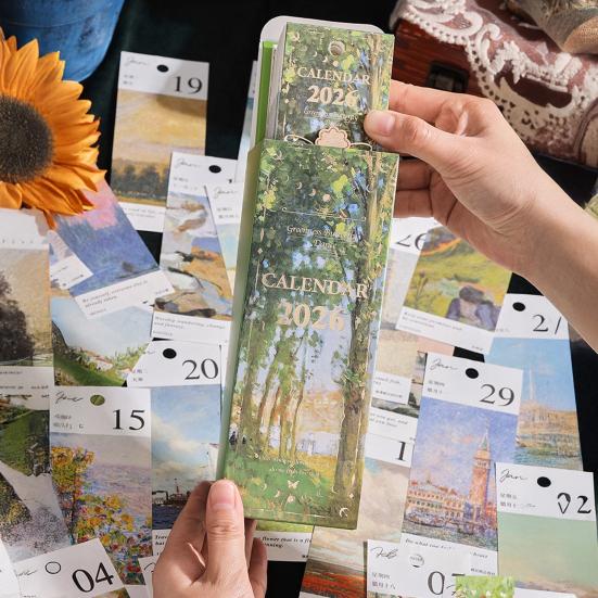 2026 Vintage European Style Oil Painting Flip Calendar Desktop Flip Calendar with Butterfly Charm Aesthetic Desk Organizer for Home Living Room Decor