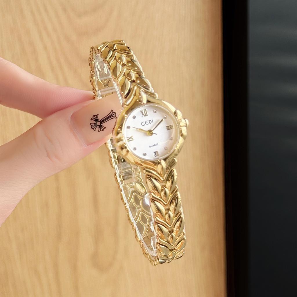 Luxury Vintage Gold-Tone Women's Watches with Floral Steel Bracelet, Water-Resistant Small Dial, Elegant Quartz Timepiece Gift