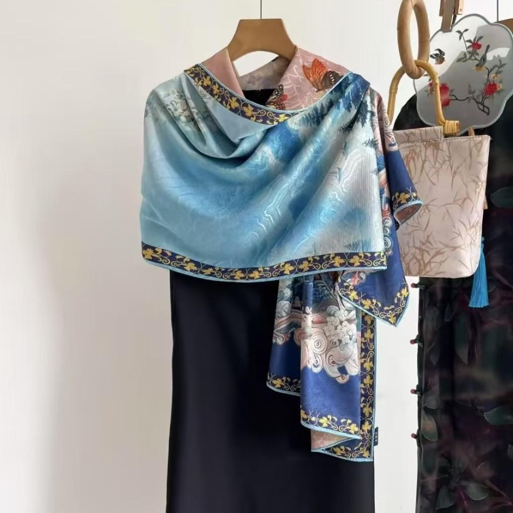 Hangzhou Silk Fragrant Cloud Yarn Silk Scarf Two-Color Double-Sided Printing Scarf Handmade Curling Women'S Shawl National Style Printing