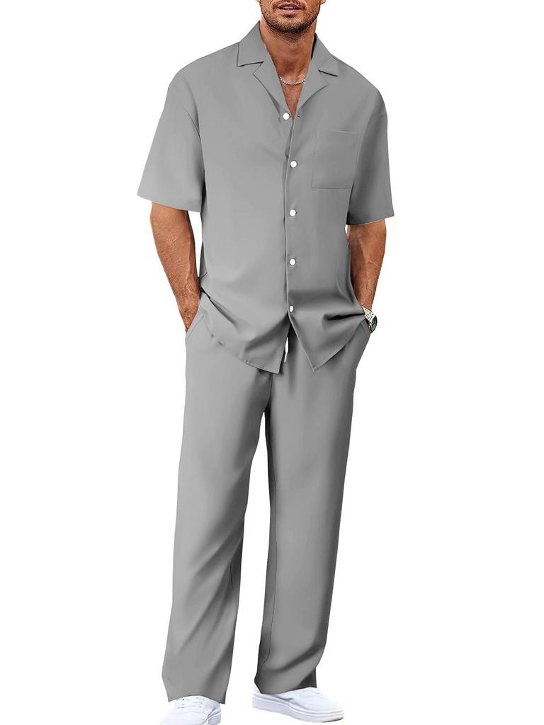2025 Men's Casual Trendy Set: Turn-Down Collar, Short Sleeves & Long Pants