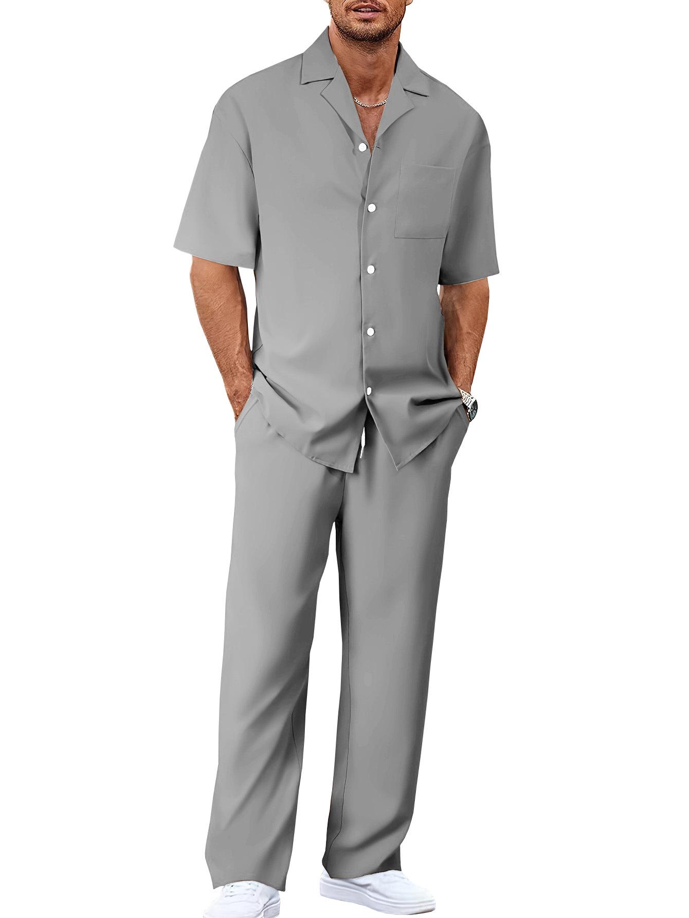 2025 Trendy Men s Loose-Fit Casual Set: Turn-Down Collar Shirt & Long Pants XL светло-серый