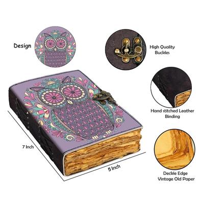 Journal en cuir imprimé hibou, pages anciennes vintage, pour le bureau et un usage personnel (7 x 5 pouces)