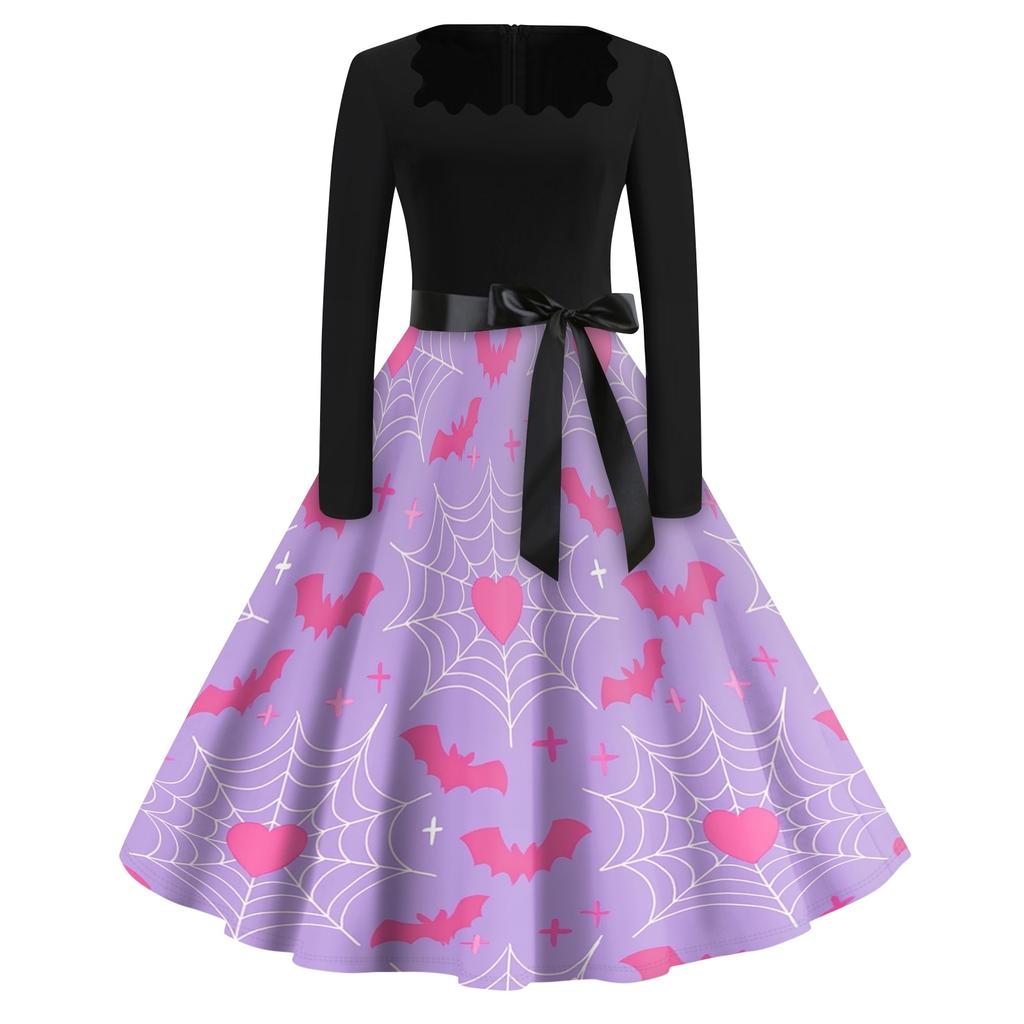 Women's Square Neck Retro Dress with Halloween Print for Casual Parties and Festive Occasions