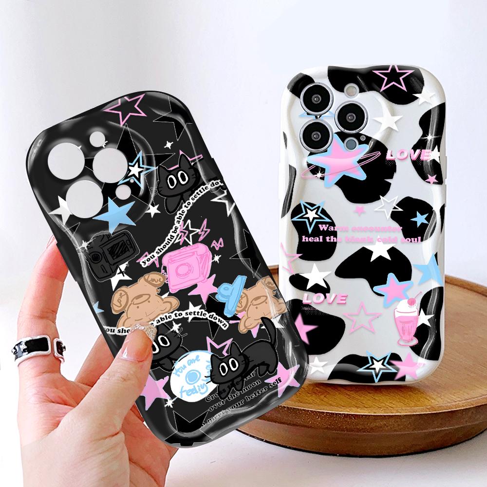 Cartoon Pattern Cream Texture Casing Wavy Edge Soft Silicone Cover Phone Case for IPhone Samsung Huawei Honor Xiaomi Redmi Infinix Tecno