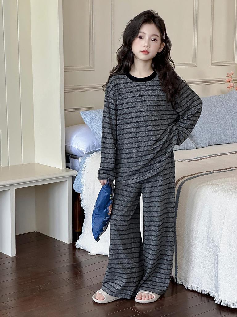 2025 Girls' Striped Cotton Pajamas Set - Long Sleeve Autumn Homewear for Little & Big Girls