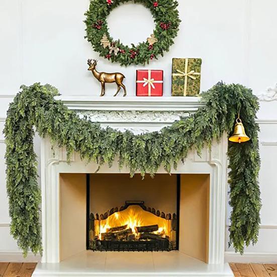 150/180/270CM Simulace Cedrová girlanda Vánoční Umělá Větev Norfolká borovice Ratanová Falešná Zeleň Krbová římsa Veranda Vnitřní Venkovní Dekorace