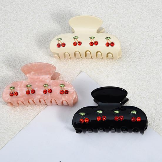 Hair Clip Sparkling Rhinestones Inlaid Cherry Decorative Pattern Back Head Hair Claw Large Wide Tooth Design Smooth Large Shark Clip