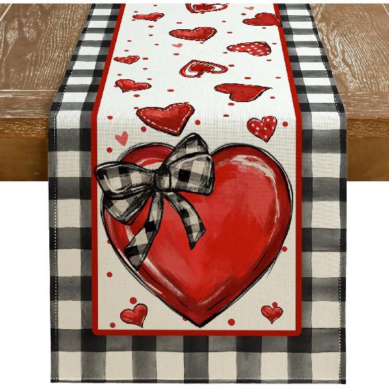 GEEORY Valentine's Day Table Runner 13 x 72 Inch, Red Hearts Polka Dots Decorative Farmhouse Table Decoration for Kitchen Dinning, Indoor Outdoor