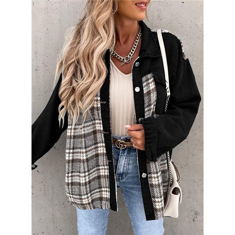 

Women s Denim Jacket, Long-sleeved Plaid Button-up Shirt, Jacket, Top L чорний