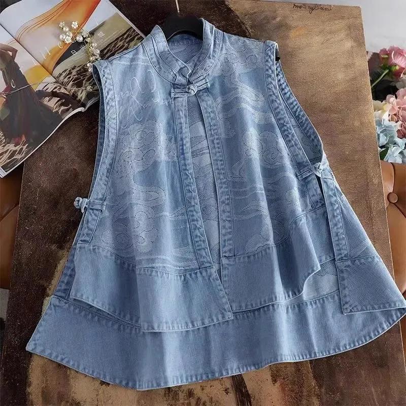 Ethnic Chinese Style Buckle Spring Summer Denim Vest Wearing Plus Size Cheongsam Blouse Sleeveless Cardigan Coat Female