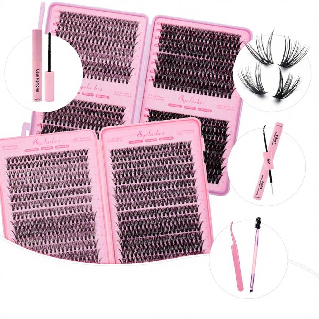 Manga Lash Clusters Kit Fluffy 0.07MM Thickness Synthetic Semi-Hand Made Black Cotton Stalk 9-16mm Mix Length Eyelash Extensions