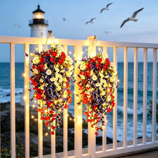Patriotisk Hængende Kurv, Røde Hvide Blå Kunstige Blomster til Amerikas 250-års Jubilæum, UV-bestandig mod Fading til Udendørs Indendørs Dekoration