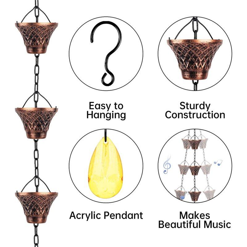 A25F-Rain Chains For Downspouts Copper Rain Catcher Chain With Cups Decorative Replacement For Gutters Outside