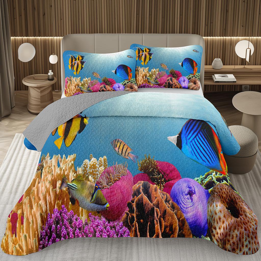Fish Bedspread Twin Queen Ocean Marine Theme Coverlet Set for Boys Girls Teens Room Soft Lightweight Sea Animal Quilted Bedding