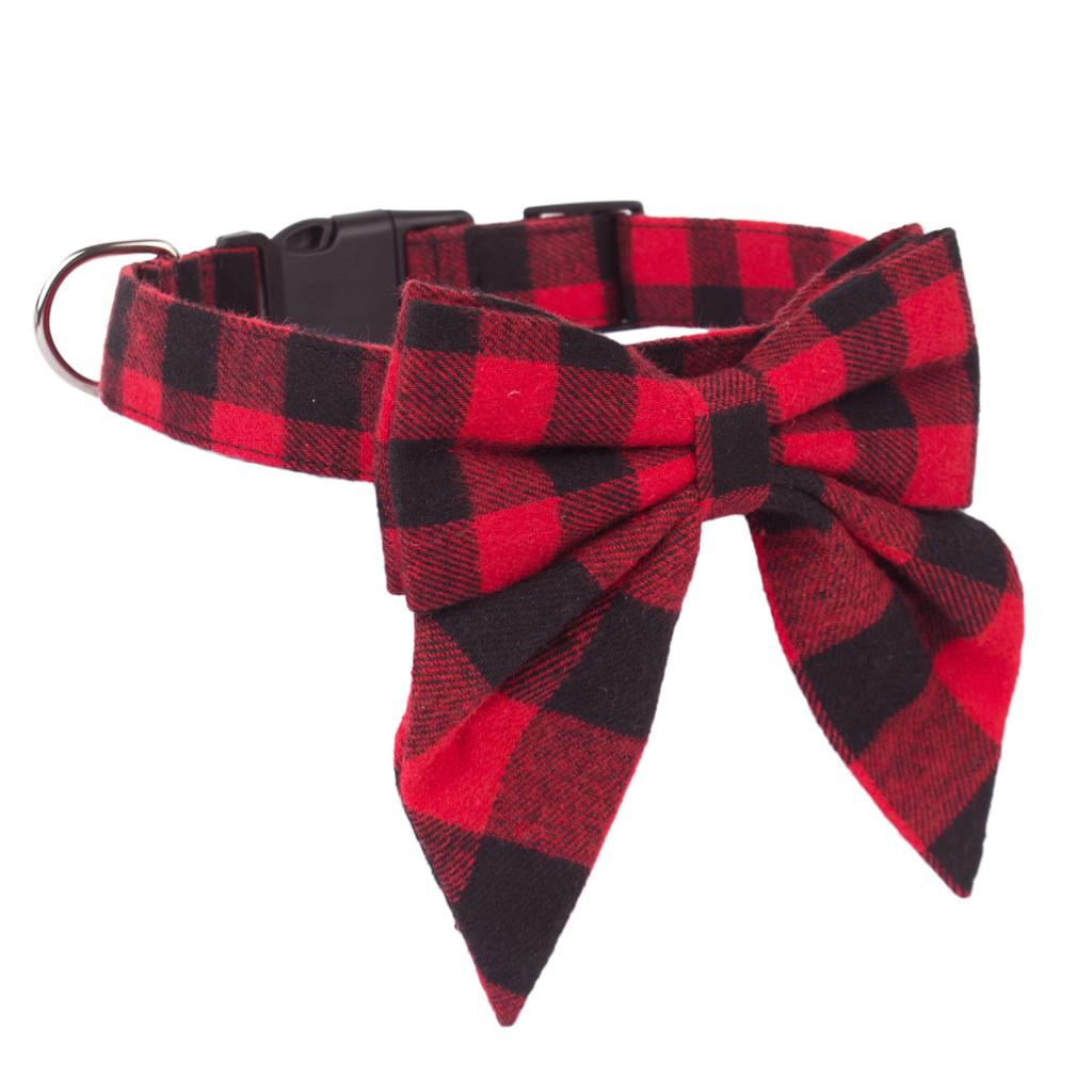 Christmas Dog Collar with Bow Adjustable Cotton Red Plaid Bowtie Dog Christmas Collars for Large Dogs Pets