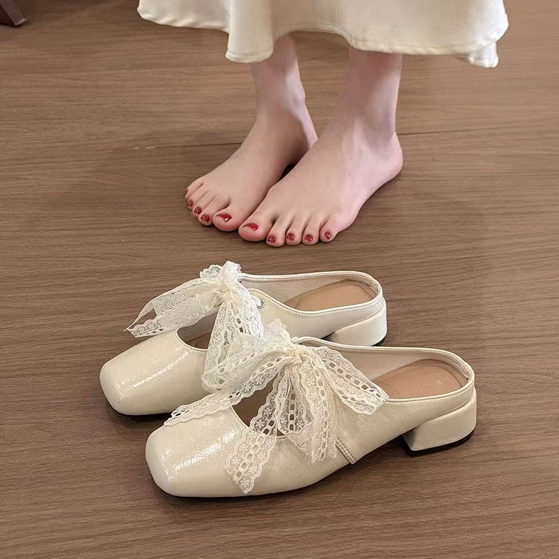 Baotou Half Slippers Women's 2025 New Summer Thick Heel French Sandals Women's Square Head with Lace Muller Single Shoes