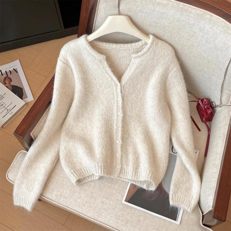 

Korean Style V-Neck Knitted Open Cardigan Thickened Fluffy Loose Slimming Sweater Jacket Daily Commuting Casual Wear for Women XL бежевий