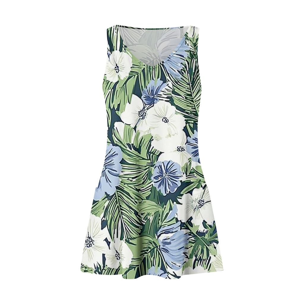 Women's Casual Fashion V-neck Sleeveless Floral Print Side Pocket Dress