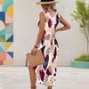 Women Plus Size Sleeveless U Neck Geometric Printed High Side Slit Curved Hem Dress