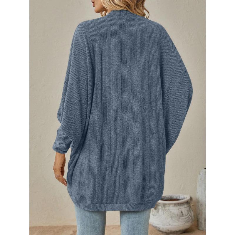 Women Open Front Ribbed Knit Cardigan Solid Blue Loose Batwing Long Sleeve Casual Outerwear Coat