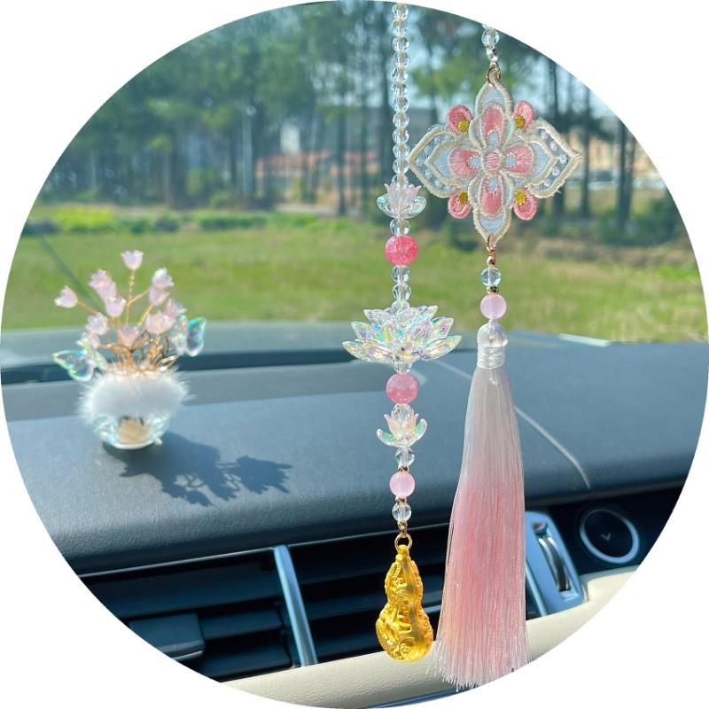 Embroidered Lotus Good Luck Gourd Tassel Car Hanging Ornament
