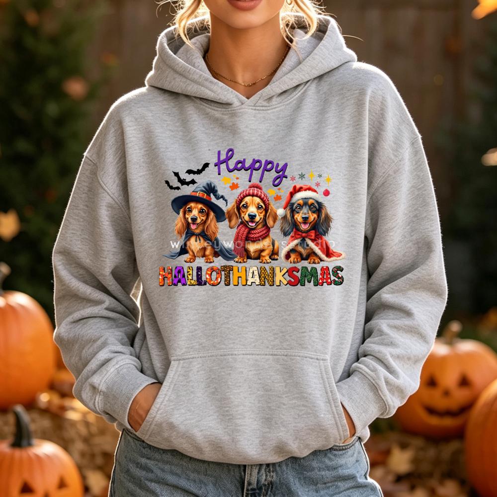 Happy Hallothanksmas Dachshund Dog Hoodies Women Autumn Winter Halloween Christmas Graphic Pocket Hooded Sweatshirt Unisex