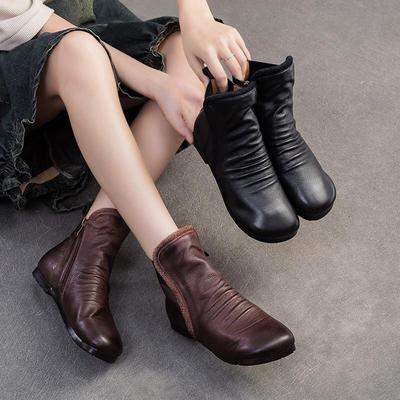 Genuine Leather Pleated Flat Short Boots Comfortable Soft Sole Retro Women's Shoes