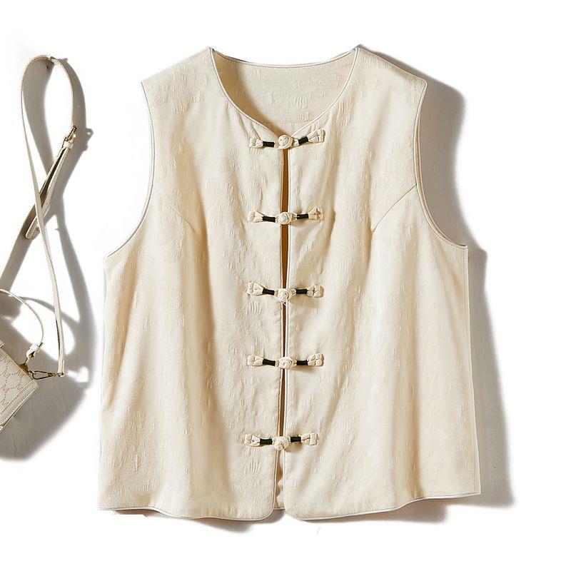 

Welfare Only This Time Slow Hand ~ Women Buckle round Neck I-Shaped Jacquard Cotton Dark Pattern Vest China Harajuku Outerwear Beige White L