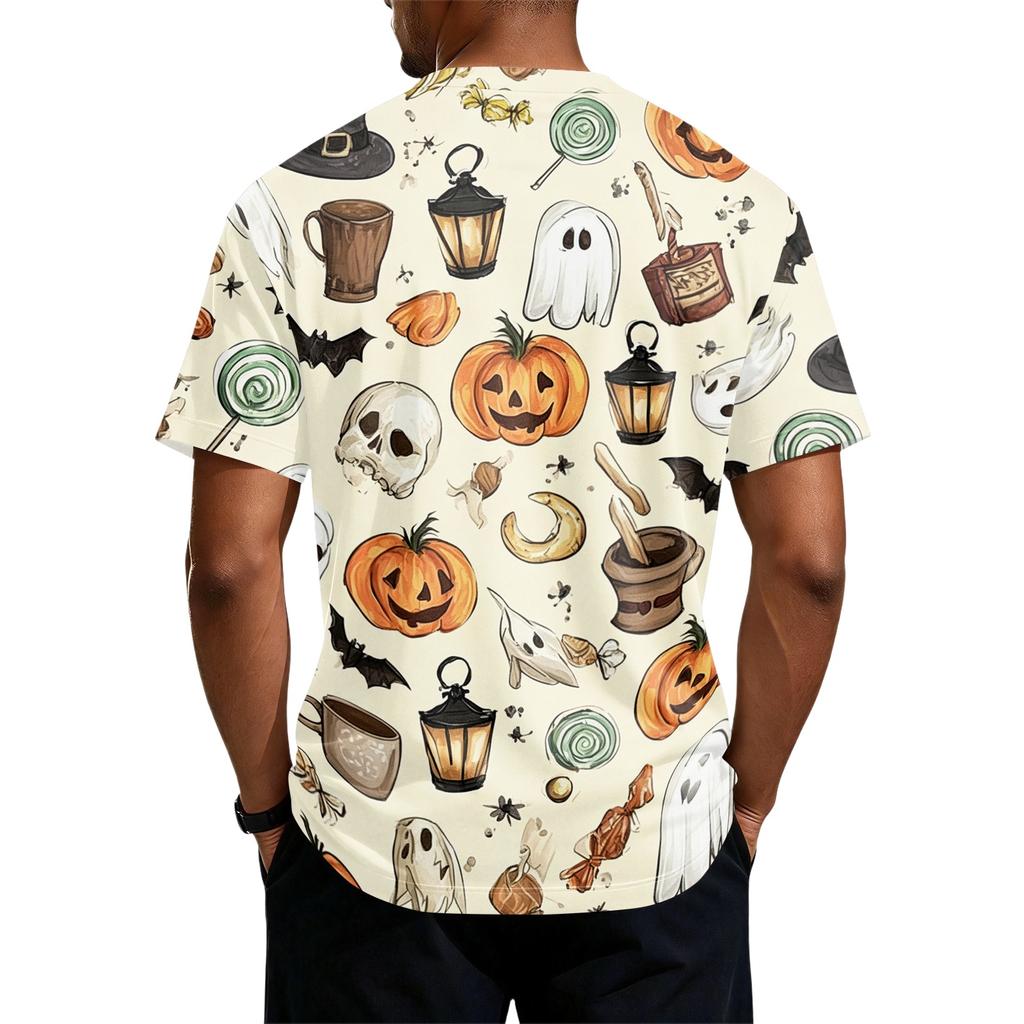 Men's Halloween Print Short Sleeve Henley Shirt Casual Round Neck Button Up Top for Seasonal Wear