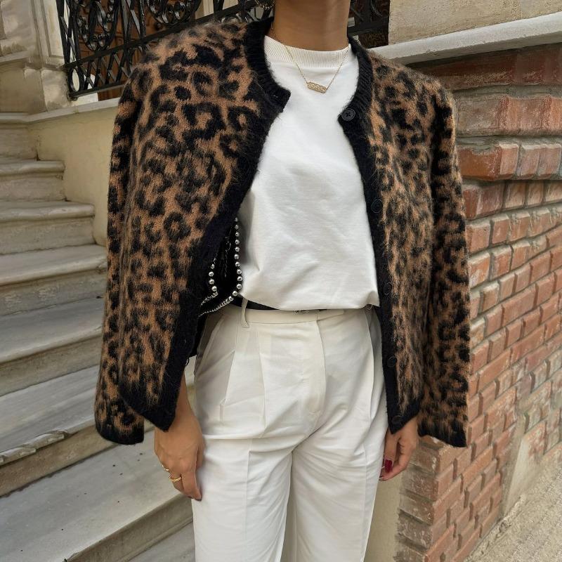 Leopard Print Knit Cardigan Women's Loose O-Neck Long Sleeve Casual Color Block Sweater Fashion Button Cardigan Top Y2k