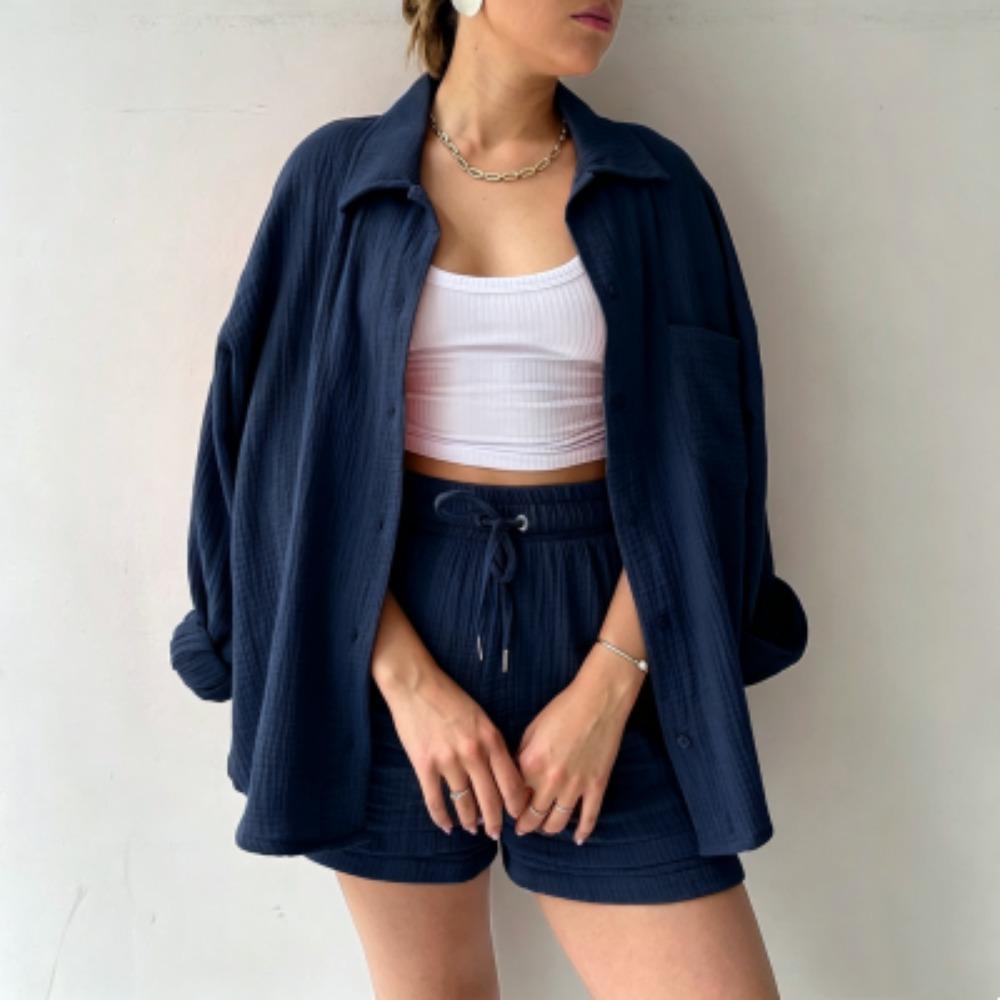 

Spring Women s Shirt Shorts 2-piece Set European and American Women s Long Sleeved Shirt Shorts Home Outdoor Casual Women s Set S