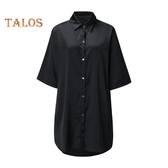 Damen Sommer Nachthemd Halbarm Hemdtyp Revers Einreihig Locker Einfarbig Satin Locker Geteilter Saum Homewear Schlafkleid Nachtwäsche