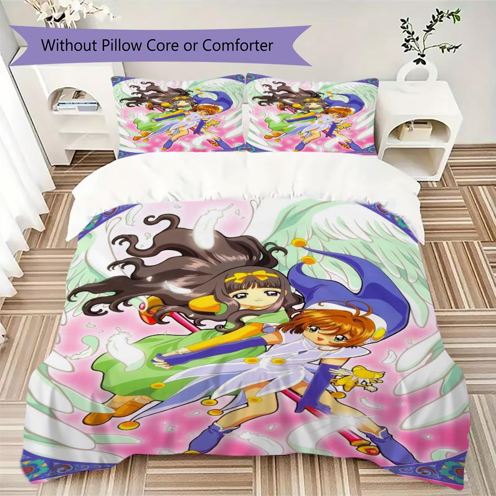 Cardcaptor Sakura Pattern Bedding uilt Set uilt Cover Pillowcase Home Decoration Birthday Gift (1 * duvet cover + 2 * pillowcase without core)