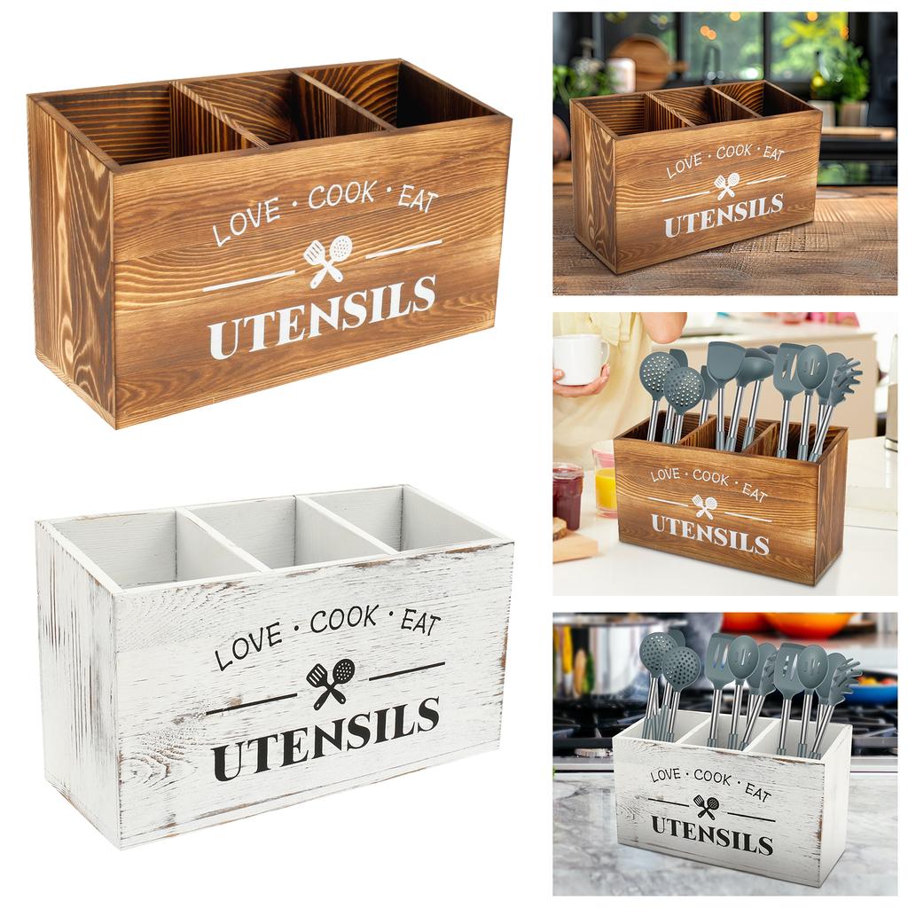 Organizér na kuchyňskou desku a úložný prostor na kuchyňské náčiní Dřevěný držák na kuchyňské náčiní 3 přihrádky Pevný držák na příbory