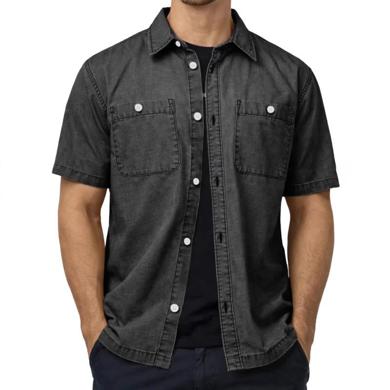 Mens Black Denim Short Sleeve Shirt Turn-down Collar Casual Loose Fit Button Down Top